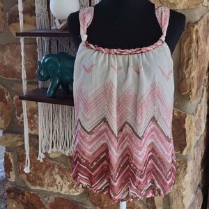 Guess Cross Strap Pink Watercolor Metallic Chevron Boho Braided Neck Top Sz L‎
